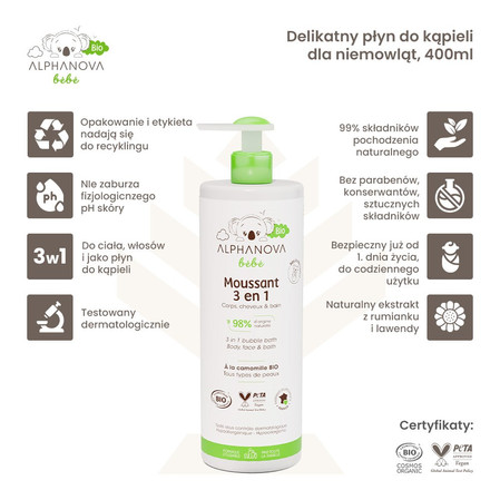 Alphanova Bebe Bio, Delikatny Płyn do Kąpieli Niemowląt 3 w 1, 400 ml