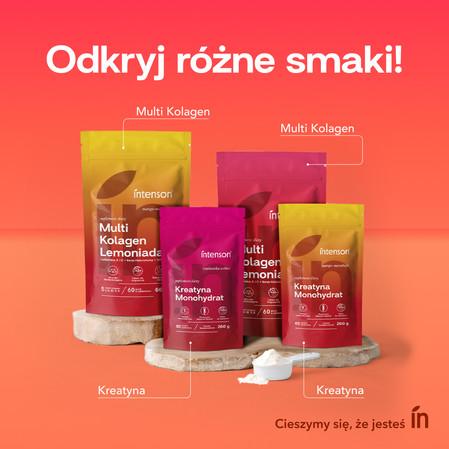 Zestaw Intenson: 1x Multi Kolagen Lemoniada Witamina C, Kwas Hialuronowy o smaku mango marakuja 220g i 1x Kreatyna Monohydrat 255g pure