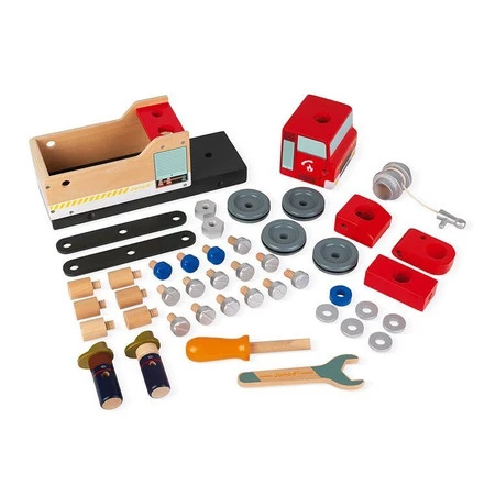 Janod Drewniany wóz strażacki do składania z narzędziami Brico'kids