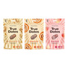 Zestaw smaków: 1x True Dates Creamy Peanut Butter daktyle o smaku kremu orzechowego 100g, 1x True Dates Cinnamon Roll daktyle o smaku karmelowym 100g i 1x True Dates Sweet Peach daktyle o smaku słodkiej brzoskwini 100g 