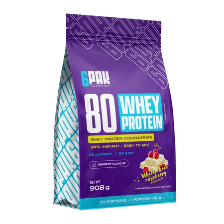 6PAK 80 WHEY PROTEIN odżywka białkowa WPC 908g smak biała czekolada z malinami