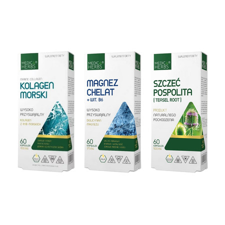 Zestaw: 1x Medica Herbs Kolagen Morski 60 kaps., 1x Medica Herbs Magnez Chelat + Witamina B wsparcie dla energii, odporności 60 kaps., i 1x Medica Herbs Szczeć pospolita (Teasel Root) 500mg, 60 kaps.