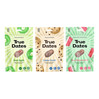 Zestaw smaków: 1x True Dates Sour Apple daktyle o smaku kwaśnego jabłka 100g, 1x True Dates Cookie Dough daktyle o smaku ciasteczkowym 100g i 1x True Dates Watermelon daktyle o smaku arbuza 100g 