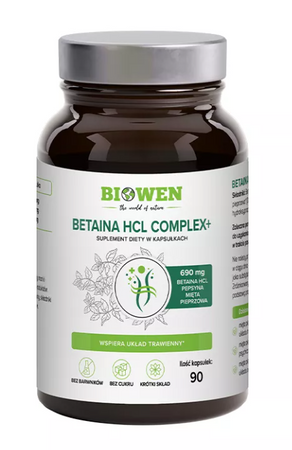 Biowen Betaina HCL + Pepsyna + Rumianek pospolity na wsparcie trawienia 90 kaps.