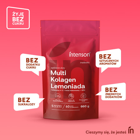 Zestaw Intenson: 1x Multi Kolagen Lemoniada Witamina C, Kwas Hialuronowy o smaku truskawka 220g i 1x Kreatyna Monohydrat smak mango-marakuja 260g