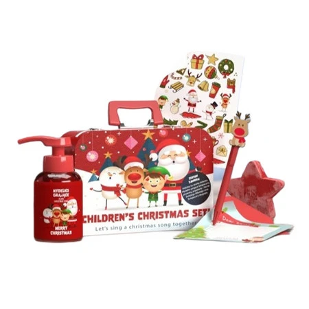 Children's Christmas Set grające mydełko 200ml + świąteczna skarpeta na prezenty 1szt + naklejki świąteczne 1szt + długopis 1szt + papeteria do Świętego Mikołaja 1szt + kula do kąpieli gwiazda 1szt + metalowa walizka