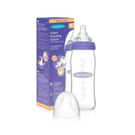 Lansinoh, mOmma, Szklana butelka ze smoczkiem o średnim przepływie Natural Wave, 240 ml