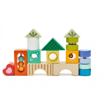 Classic World − Drewniane klocki sensoryczne 8 funkcji, układanka multifunkcyjna kształty dźwięk 18 el.