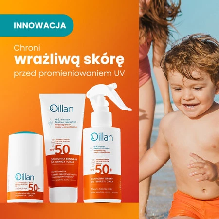 Oillan Ochronny roll-on przeciwsłoneczny do twarzy i ciała z filtrem SPF50 do skóry wrażliwej 50 ml