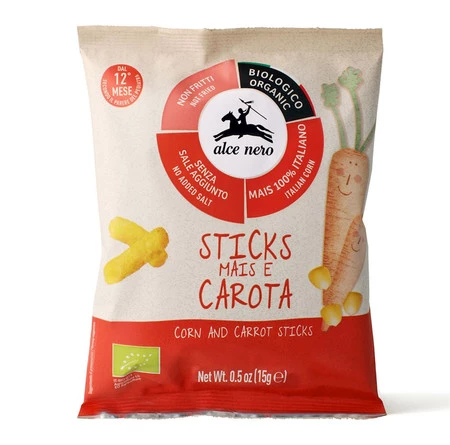 CHRUPKI KUKURYDZIANO - MARCHEWKOWE BEZ DODATKU CUKRÓW BEZGLUTENOWE OD 12 MIESIĄCA BIO 15 g - ALCE NERO
