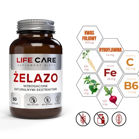 Life Care Żelazo wzbogacone naturalnymi ekstraktami 60 kaps.