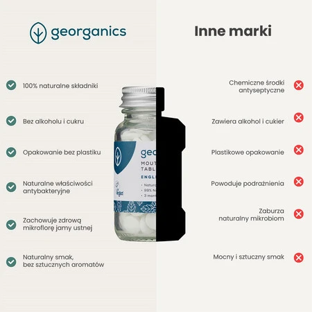 Georganics, Naturalne tabletki do płukania jamy ustnej, do codziennej pielęgnacji, smak mięty pieprzowej, 180 tabletek