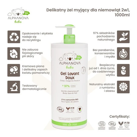 Alphanova Bebe Bio, Delikatny żel myjący dla niemowląt 2 w 1, 1000 ml