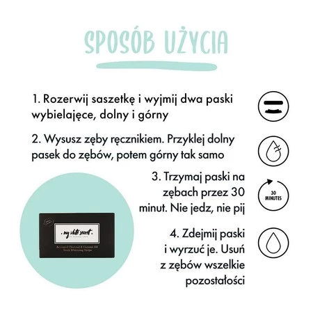 My White Secret, Paski wybielające do zębów z olejkiem kokosowym i aktywnym węglem, CHARCOAL, 14zestawów