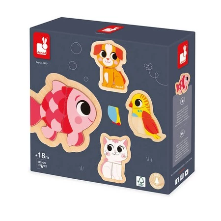 Janod Puzzle progresywne drewniane Zwierzęta domowe 4 układanki – 2, 3, 4 i 5 elementów 18 m+