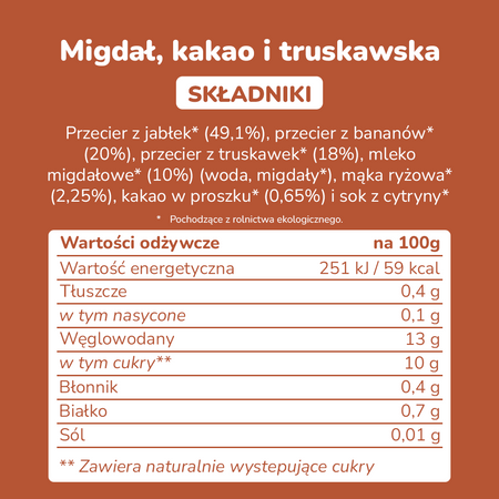 Smileat, BIO Mus z migdałami, kakao i truskawkami 9m+, 100g
