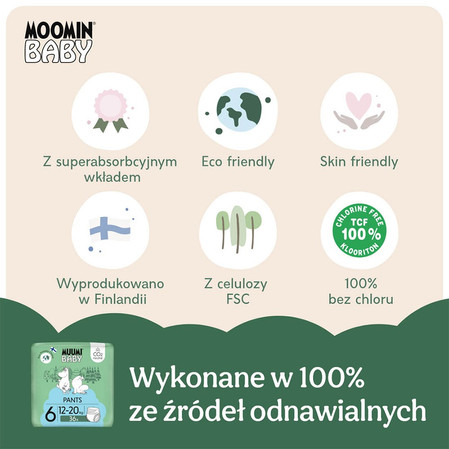 Muumi Baby, Jednorazowe pieluchomajtki ekologiczne dla dzieci, rozmiar 6 (12-20kg), 36 szt.