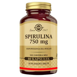Solgar Spirulina 750mg wspiera kontrolę masy ciała 80 kaps. vege