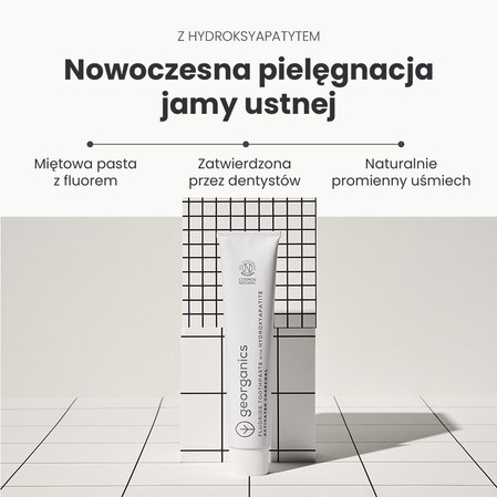 Georganics, Naturalna, remineralizująca pasta do zębów z hydroksyapatytem, fluorem i aktywnym węglem, 75 ml