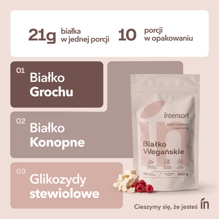 Intenson Białko Wegańskie o smaku białej czekolady i malin 300g