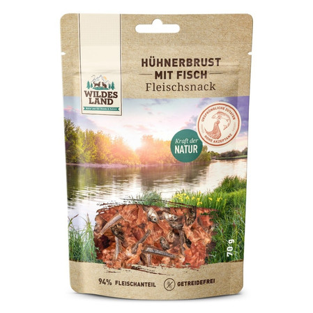 WILDES LAND Hühnerbrust mit Fisch - filet piersi kurczaka z rybkami - przysmaki mięsne dla psa i kota (70g)