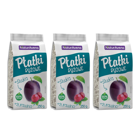 Zestaw: 3x PŁATKI RYŻOWE Z ŻURAWINĄ I ŚLIWKĄ 250 g - NATURAVENA