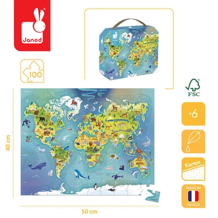 Janod Puzzle w walizce Mapa świata 100 elementów 6+ Made in France