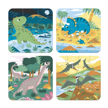 Janod Puzzle progresywne w walizce Dinozaury 4 układanki – 6, 9, 12 i 16 elementów 2+, Made in France (stary indeks: J02657)