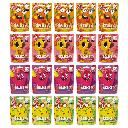 Zestaw mix smaków BeRAW! Kids Żelki: 5szt. Mango Marakuja 35g, 5 szt. Truskawka 35g, 5szt. Malina z chrupkami 35g, 5szt. Banan z chrupkami 35g