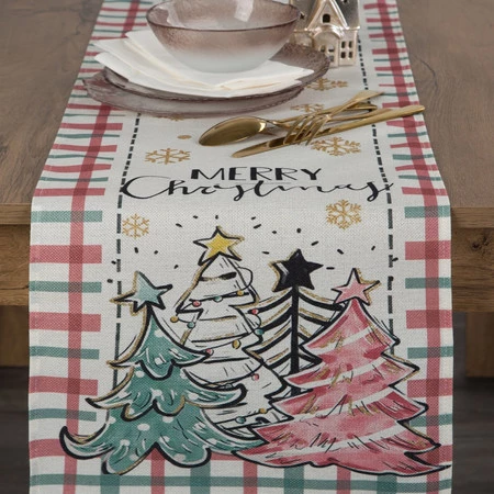 Bieżnik świąteczny rozm.: 33 x 183 cm, kolor kremowy z nadrukiem choinek