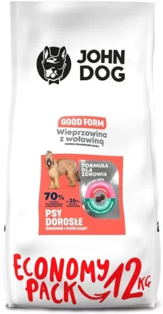 John Dog Karma Sucha Good Form Adult Wieprzowina Z Wołowiną Średnie i Duże rasy 12 kg