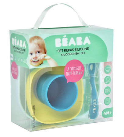 Beaba, Komplet naczyń z silikonu z przyssawką, blue