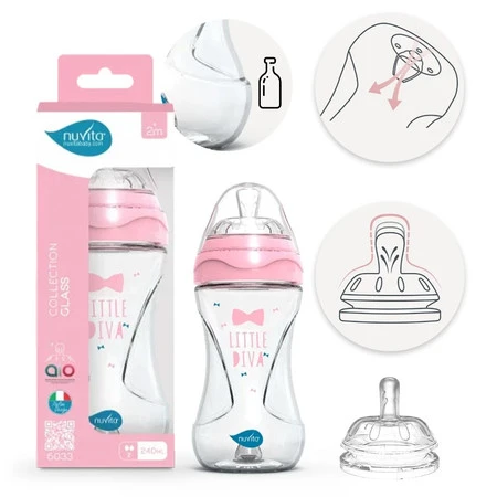 Nuvita, Butelka szklana antykolkowa, różowa, 240 ml