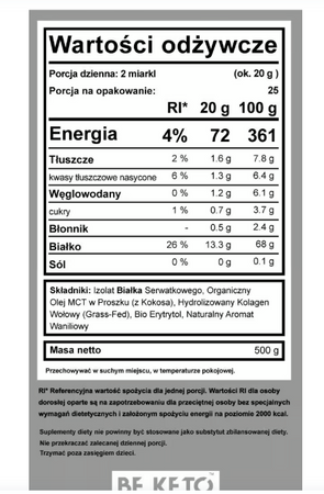 BeKeto Diet Keto Shake MCT & Collagen Natural Chocolate - wysokobiałkowy shake z MCT i kolagenem 500 g smak francuska Vanilia