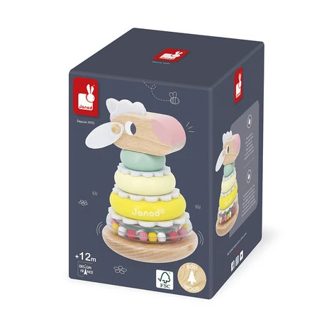 Janod Układanka piramida wieża wańka-wstańka drewniana Owieczka Zigolos 12m+