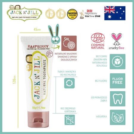 Jack N' Jill − Raspberry, naturalna pasta do zębów z xylitolem − 50 g
