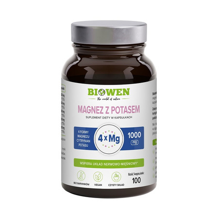 Biowen Magnez z potasem 4Xmg wsparcie dla energii, mięśni i układu nerwowego 100 kaps.