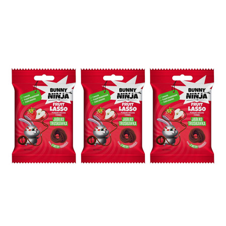Zestaw: 3x Bunny Ninja Fruit Lasso Przekąska Owocowa W Kształcie Sznurków smak Jabłko Truskawka 20g