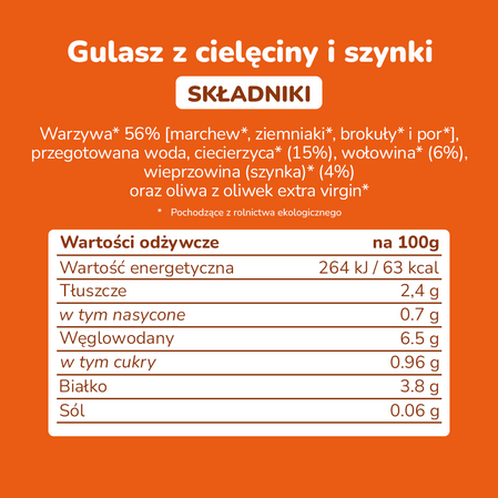 Smileat, BIO Słoiczek z gulaszem z cielęciny i szynki 6m+, 230g