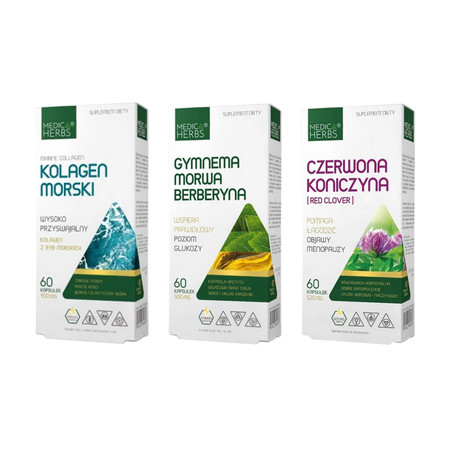 Zestaw: 1x Medica Herbs Czerwona Koniczyna Red Clover 60 kaps, 1x Medica Herbs Kolagen Morski 60 kaps i 1x Medica Herbs Gymnema Morwa Berberyna 60 kaps.