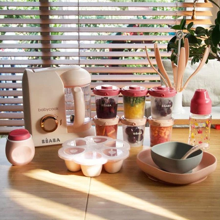 Beaba, Komplet naczyń z silikonu z przyssawką, pink