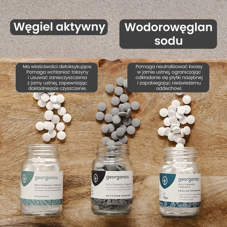 Georganics, Naturalne tabletki do płukania jamy ustnej, do codziennej pielęgnacji, z aktywnym węglem, 180 tabletek