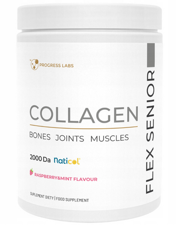 Progress Labs KOLAGEN FLEX SENIOR Stawy 2000 Da Malina Mięta Wapń Kwas Hialuronowy 400 g
