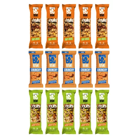 Zestaw mix smaków Baton BeRaw 15 szt: 5szt. Orzechy&Miód Pekan, 5szt. Orzechy&Miód Pistacja, 5szt.  orzechowy orzeszki z karmelem bez 40 g bez cukru