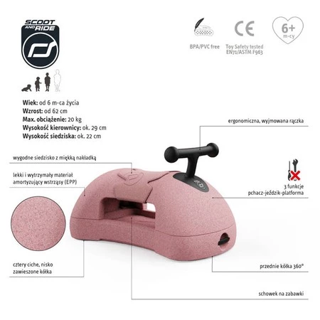 SCOOTANDRIDE My First Ewolucyjny jeździk pchacz 3w1 6 m+ Rose