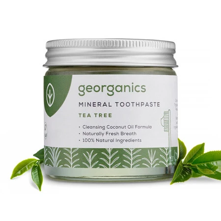Georganics, Mineralna pasta do zębów w słoiku, bez fluoru, do codziennej pielęgnacji, smak drzewa herbacianego, 60 ml