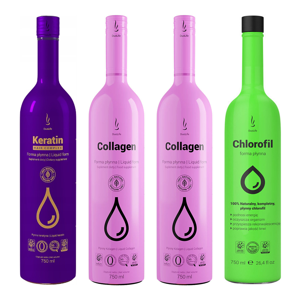 Zestaw mix DuoLife: 2x Kolagen w płynie 750ml, 1x Keratyna w płynie 750ml oraz 1x Chlorofil w płynie 750ml - Nabea.pl