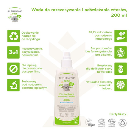 Alphanova Bebe Bio, Woda do rozczesywania i odświeżania włosów dla dzieci, 200 ml