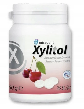 Miradent Dropsy pudrowe z ksylitolem 26 szt, 60g smak wiśnia