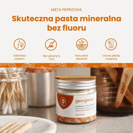Georganics, Mineralna pasta do zębów w słoiku, bez fluoru, do codziennej pielęgnacji, smak pomarańczowy, 60 ml